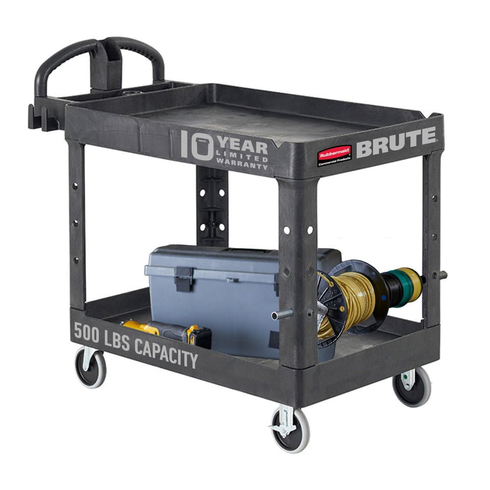 Rubbermaid 2-shelf utility cart with durable foam structure for heavy transport.