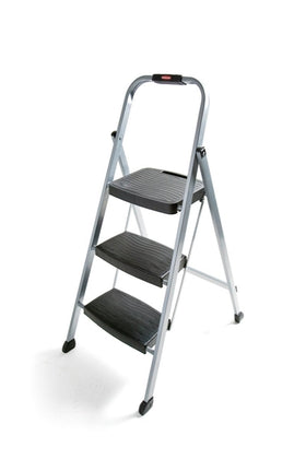Rubbermaid 3-step steel stool folded-compact for easy storage.