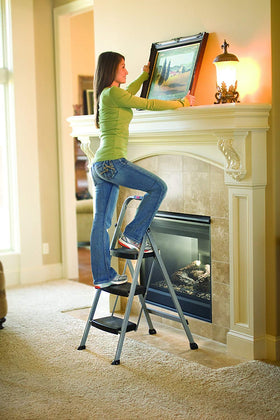 Rubbermaid 3-step steel stool non-slip-feet ensure stable footing on any floor.
