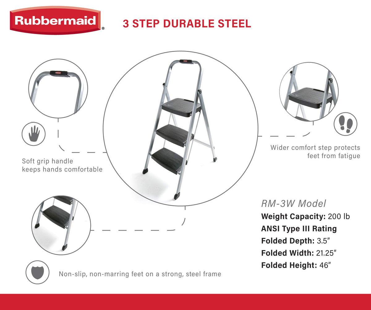Rubbermaid 3-step steel stool top-step-locked ensures secure setup every time.