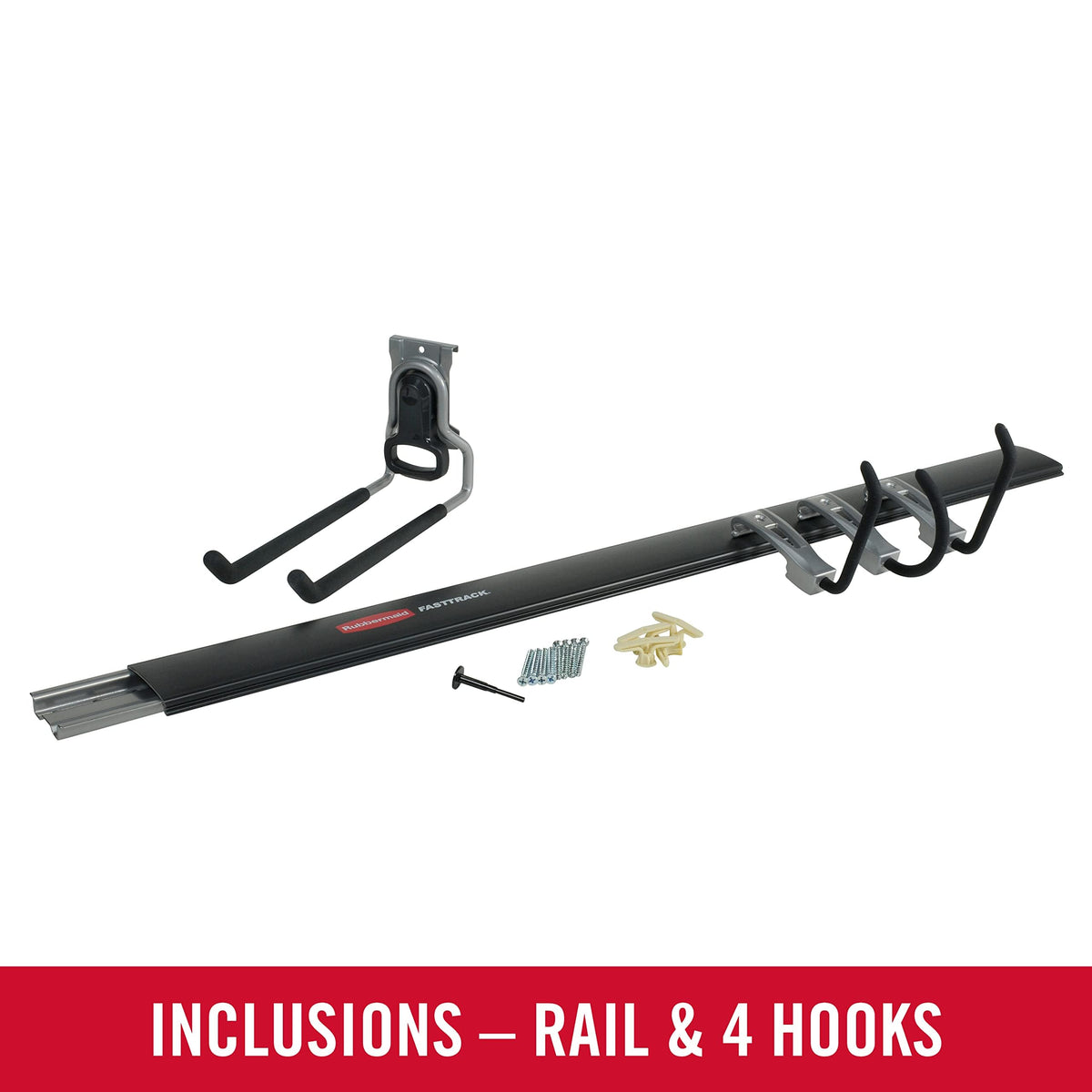 Rubbermaid FastTrack 5-piece kit components laid out for installation