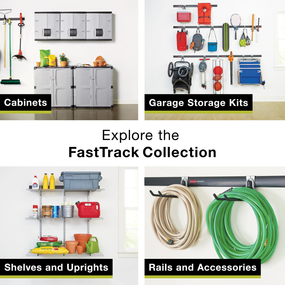 Rubbermaid FastTrack kit includes rail and two vertical hooks for immediate setup