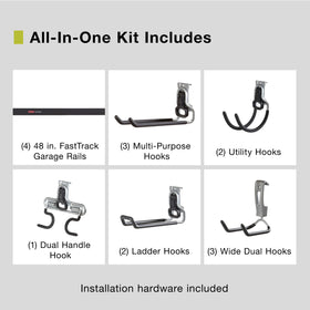 Rubbermaid FastTrack dual-handle hook for tools and cords, easy access.