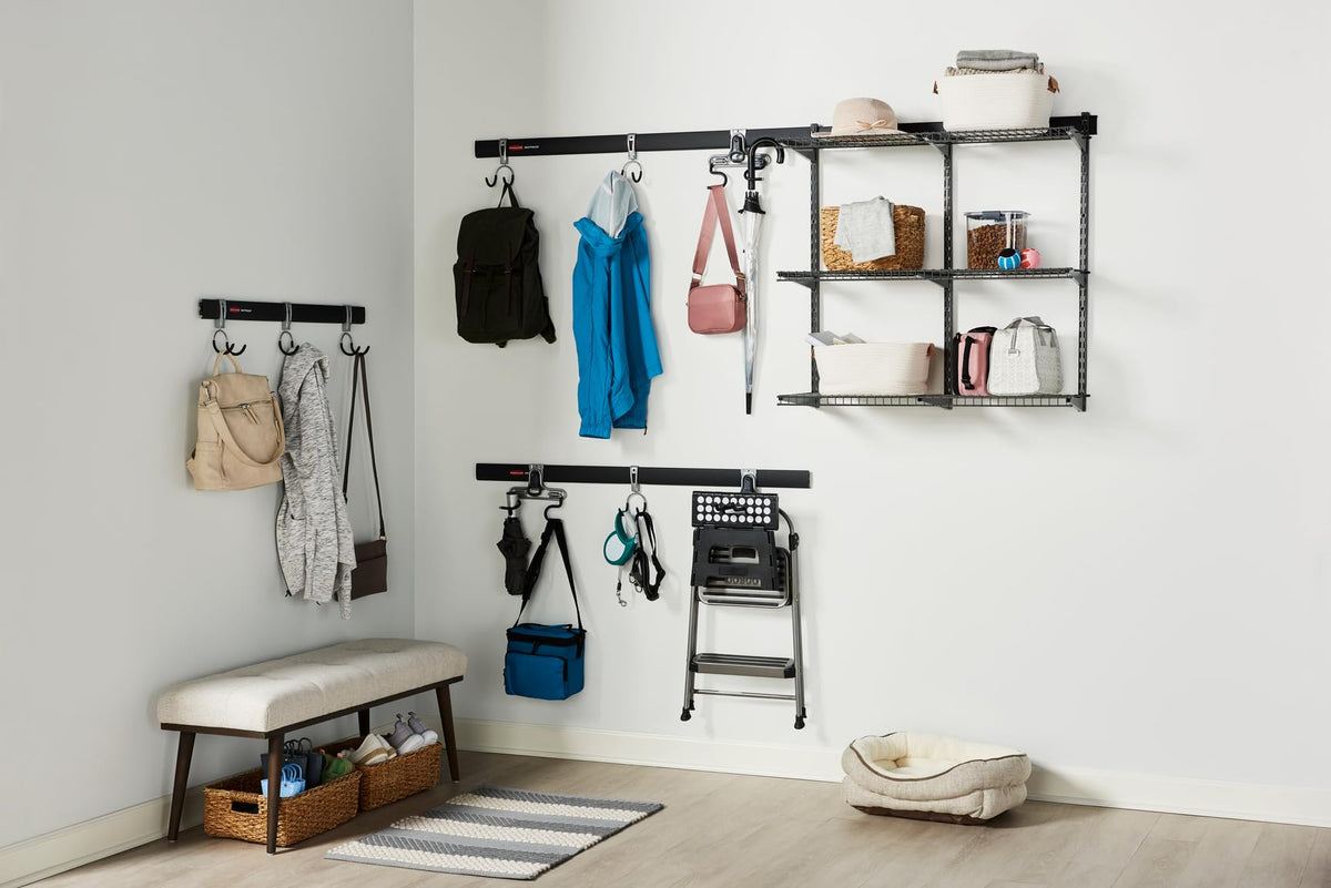 Rubbermaid FastTrack organized garage setup demo.