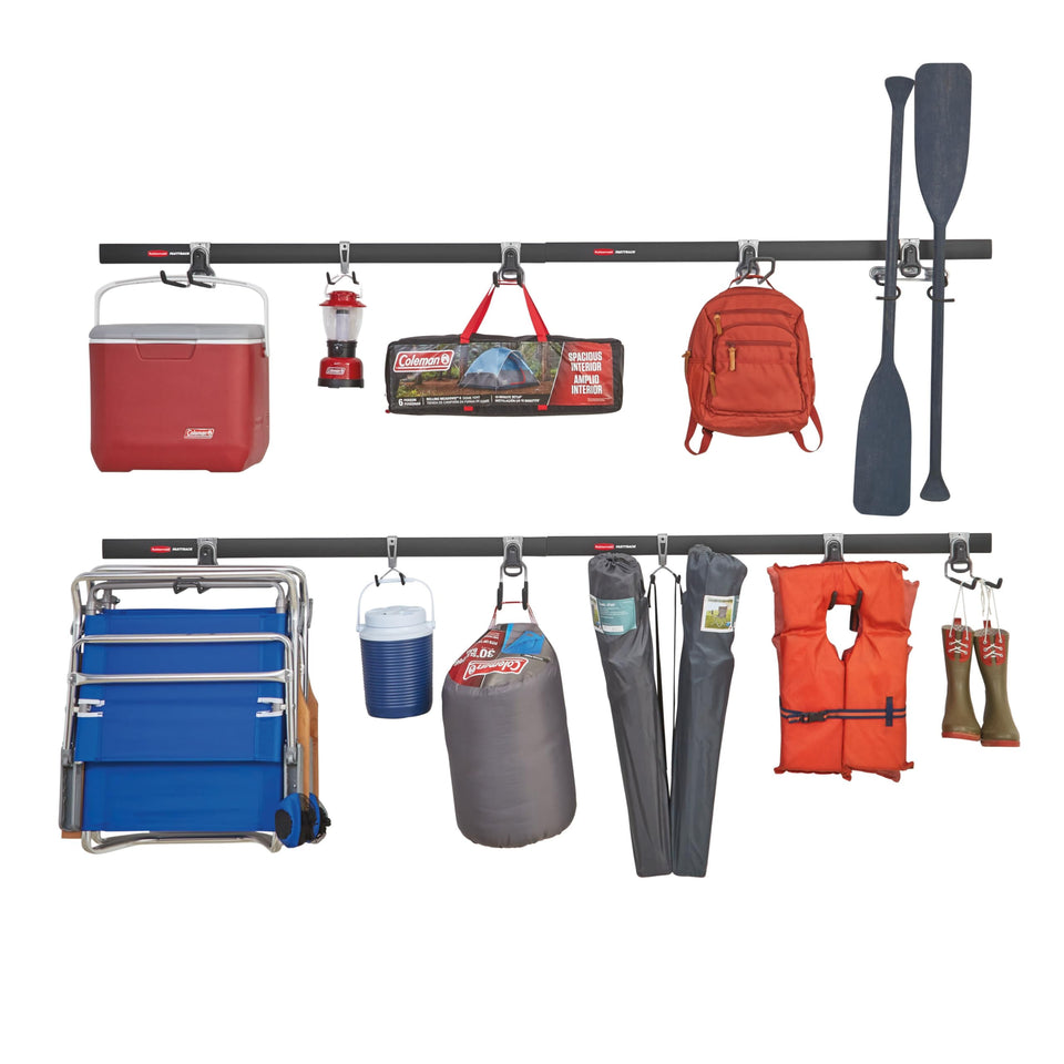 Rubbermaid FastTrack garage rails secure mounted, freeing floor space.