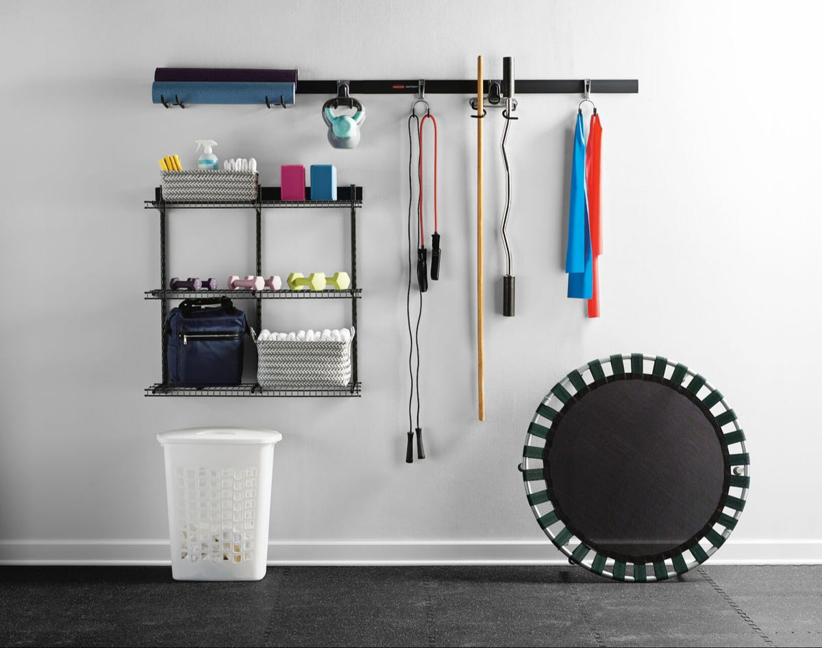 Rubbermaid FastTrack heavy item storage on shelves.