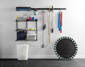 Rubbermaid FastTrack heavy item storage on shelves.