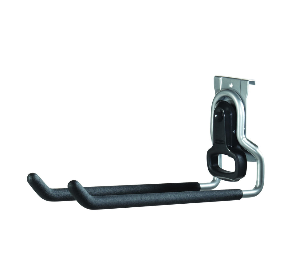 Rubbermaid FastTrack hook mounted on satin nickel wall for secure storage