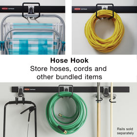 Rubbermaid hose hook in use showing quick mounting to FastTrack rail.