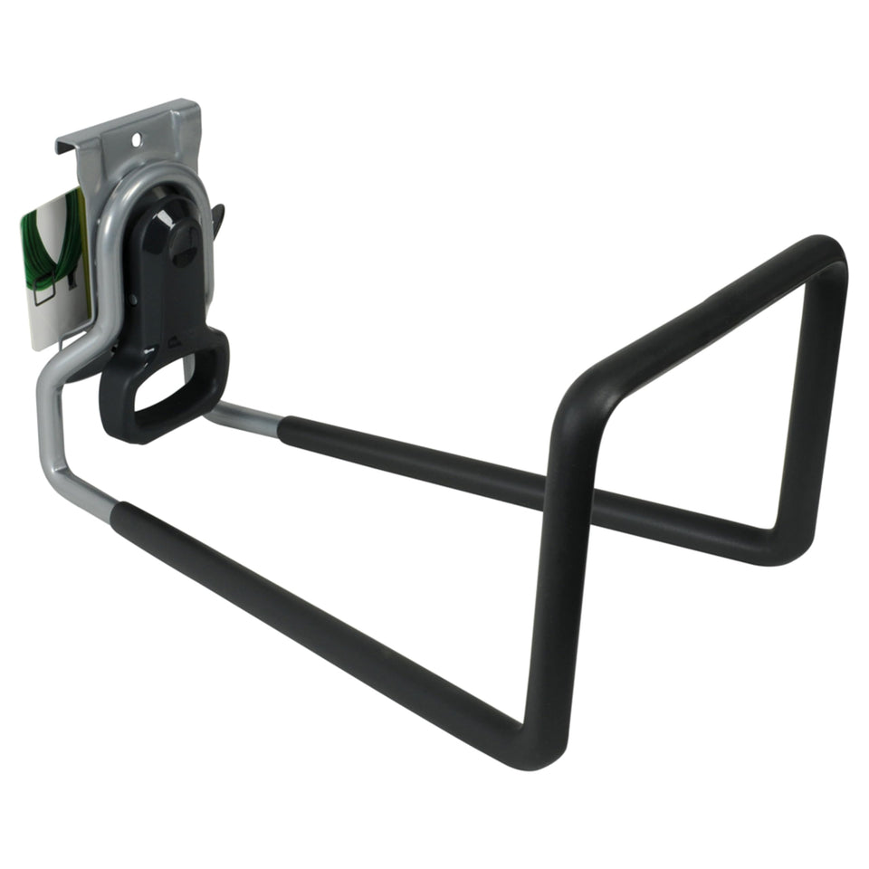 Rubbermaid FastTrack hose hook on wall mount with satin-nickel finish keeps hoses tidy.