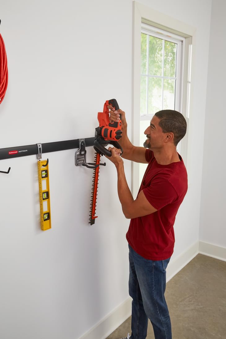 Rubbermaid FastTrack J-hook offering versatile storage for long items