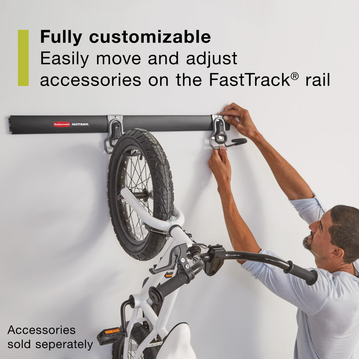 Rubbermaid FastTrack low-profile twin hooks blend with walls for neat storage.