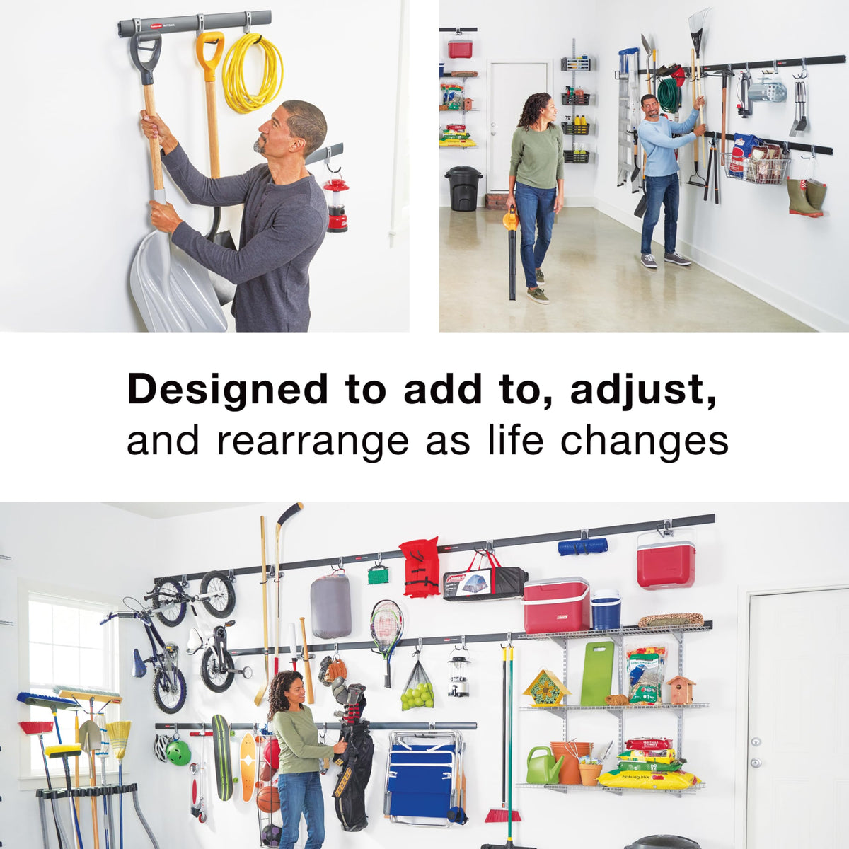 Rubbermaid FastTrack mounted rails in a tidy garage