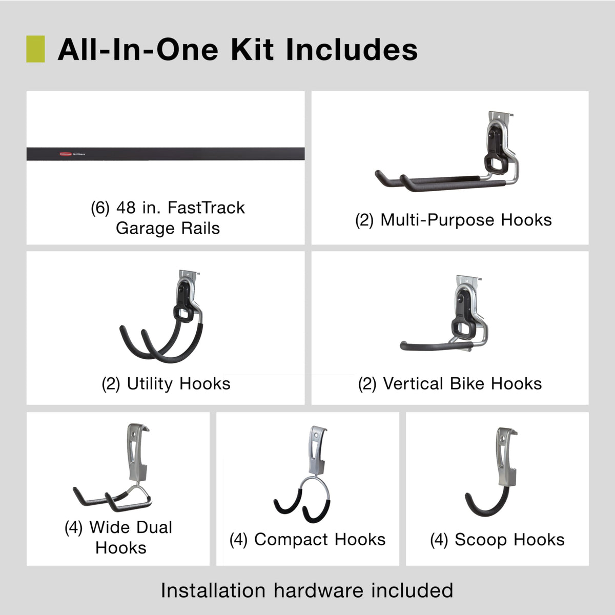 Rubbermaid FastTrack multi-purpose hooks keep tools accessible and clutter-free.