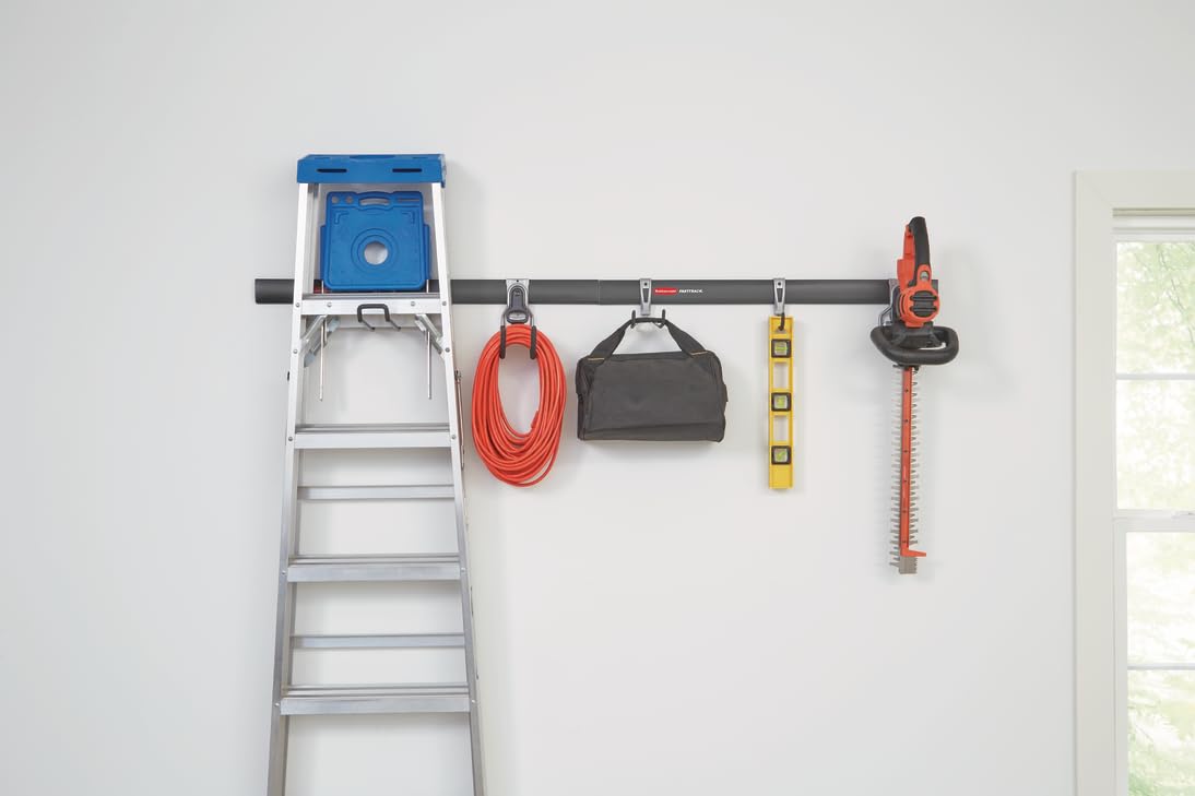 Rubbermaid FastTrack power tool holder securely holds a drill and accessories