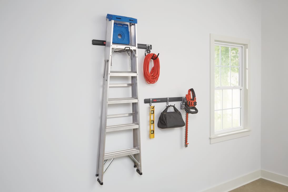 Rubbermaid FastTrack second 32in rail illustrates stacked wall mounting for space gain