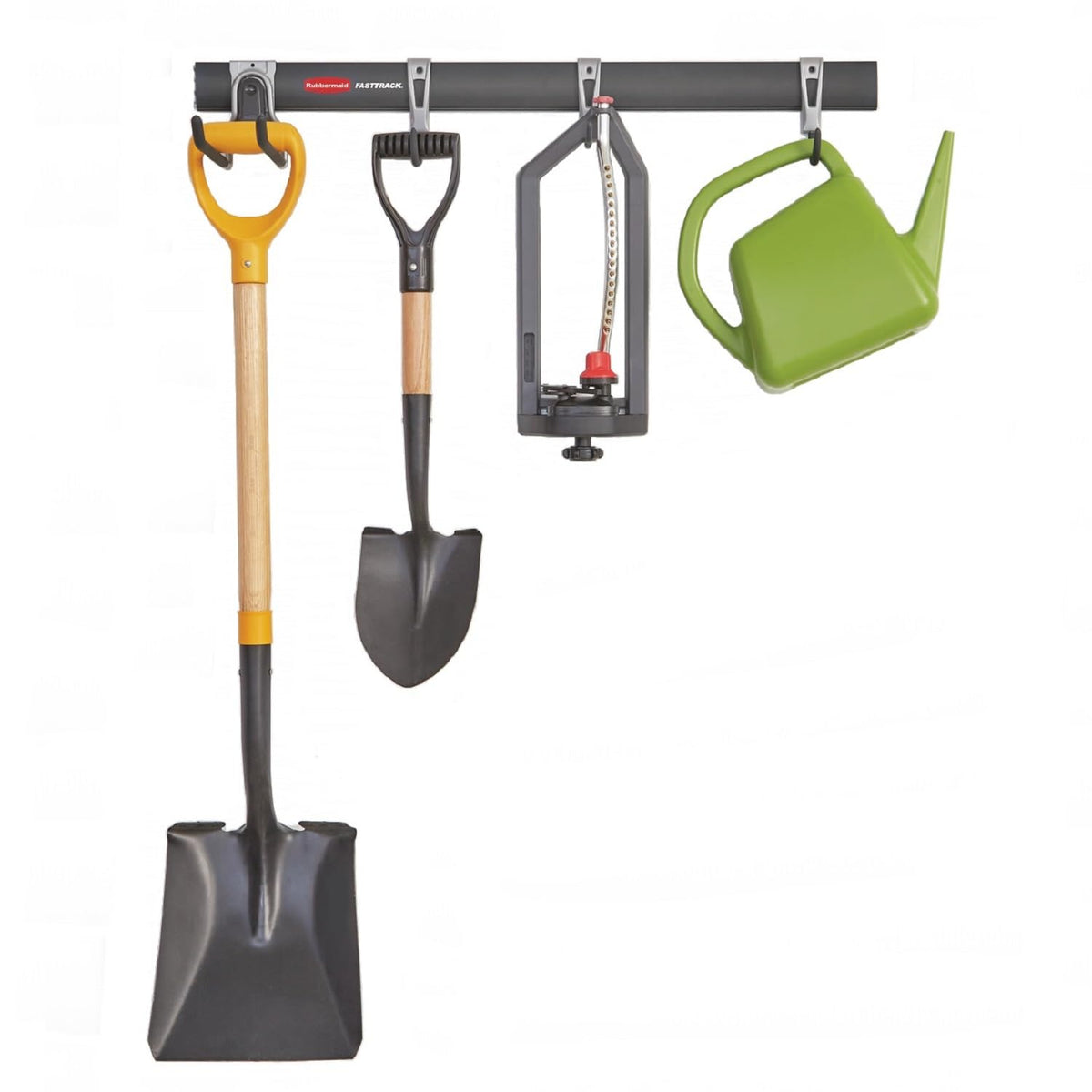 Rubbermaid FastTrack rail mounted on studs for sturdy garage organization