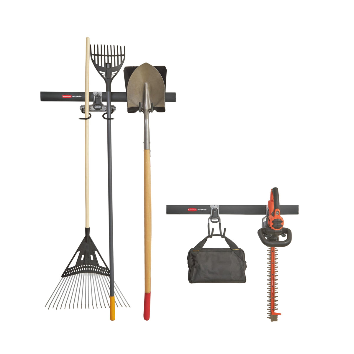 Rubbermaid FastTrack rails 32 inches mounted for scalable garage storage