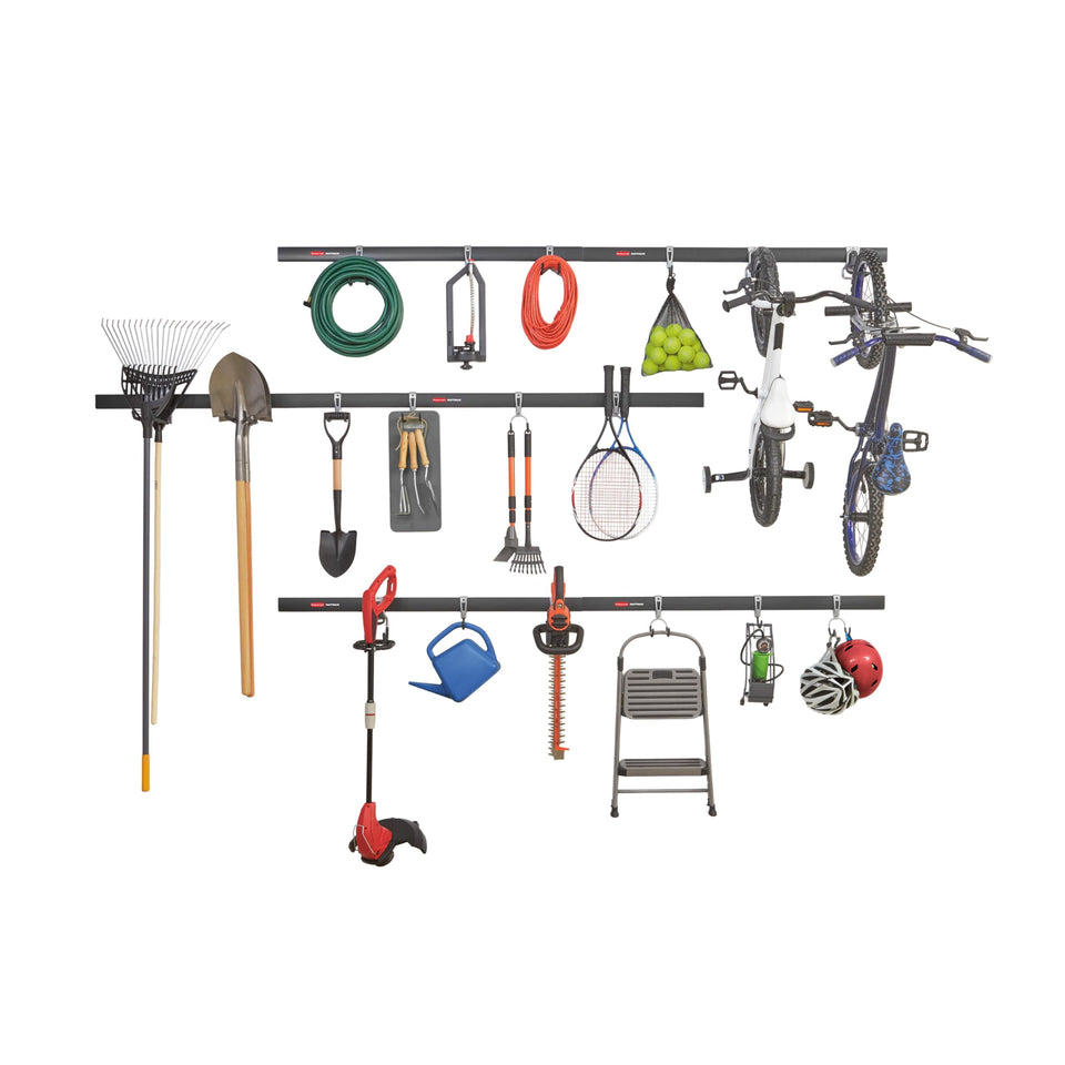 Rubbermaid FastTrack rails 48in for secure garage organization and flexible layout.