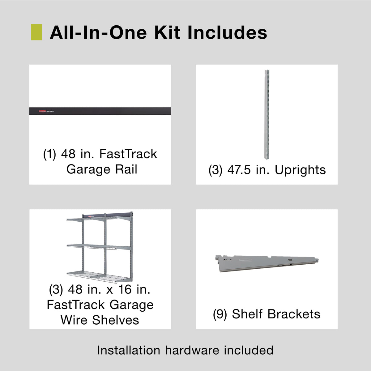 Rubbermaid FastTrack shelves 48x16 in action for tool organization in a garage