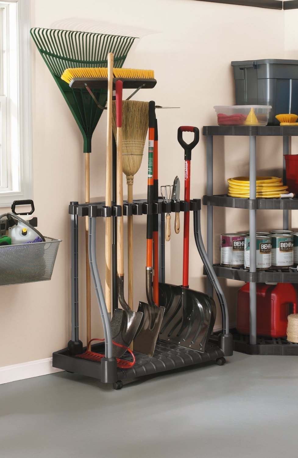  Rubbermaid Garage Tool Tower front clips demonstrate head-down storage.