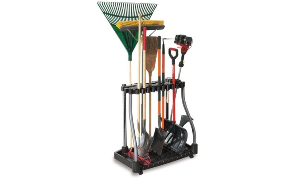  Rubbermaid Garage Tool Tower front view with four casters for easy mobility.