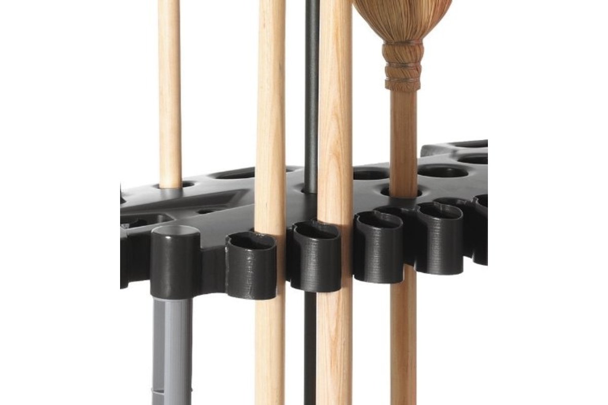  Rubbermaid Garage Tool Tower side view highlighting side access and clip storage.