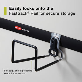 Rubbermaid hose hook features cast aluminum gripper for secure FastTrack connection.