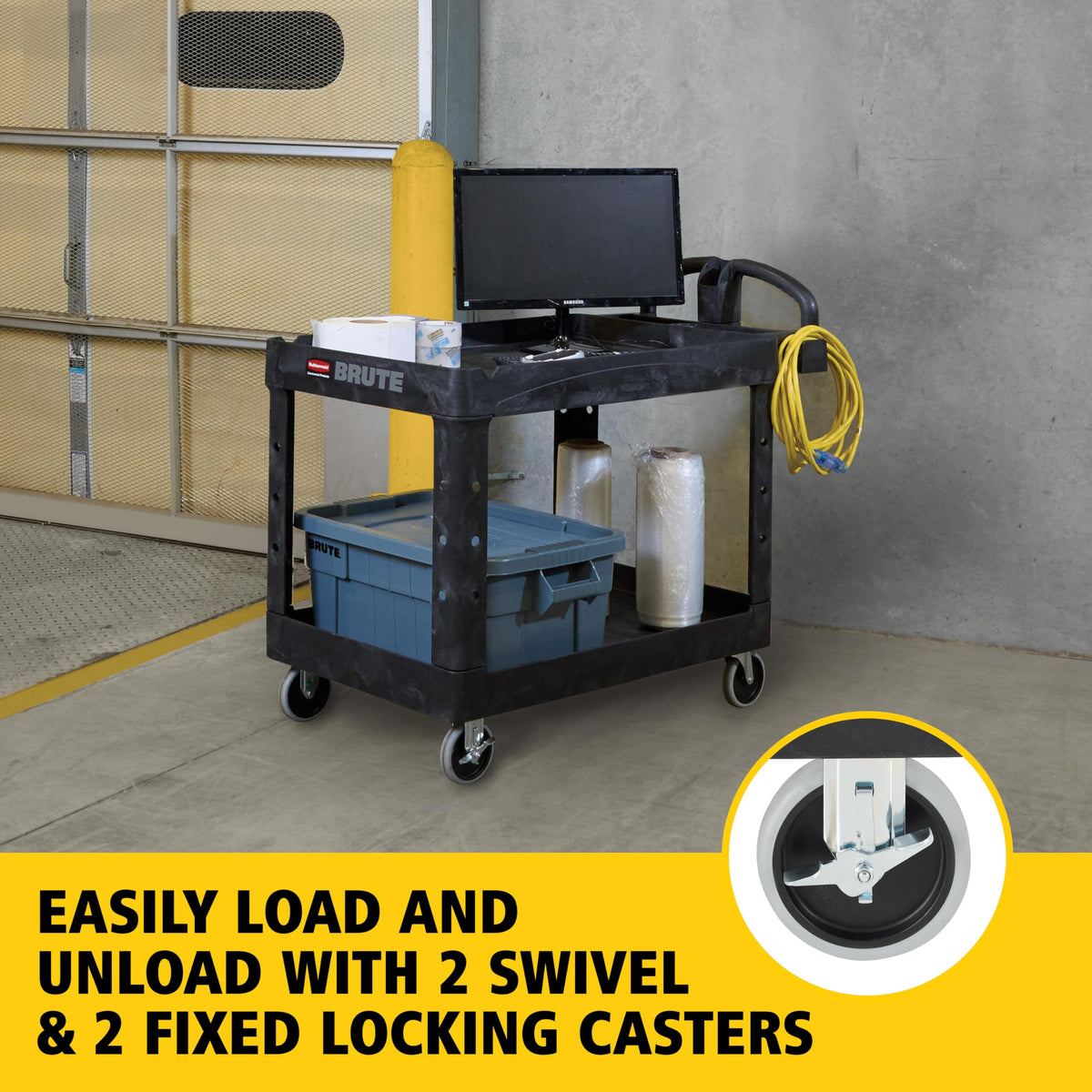 Rubbermaid utility cart with ergonomic handle for easy maneuvering.