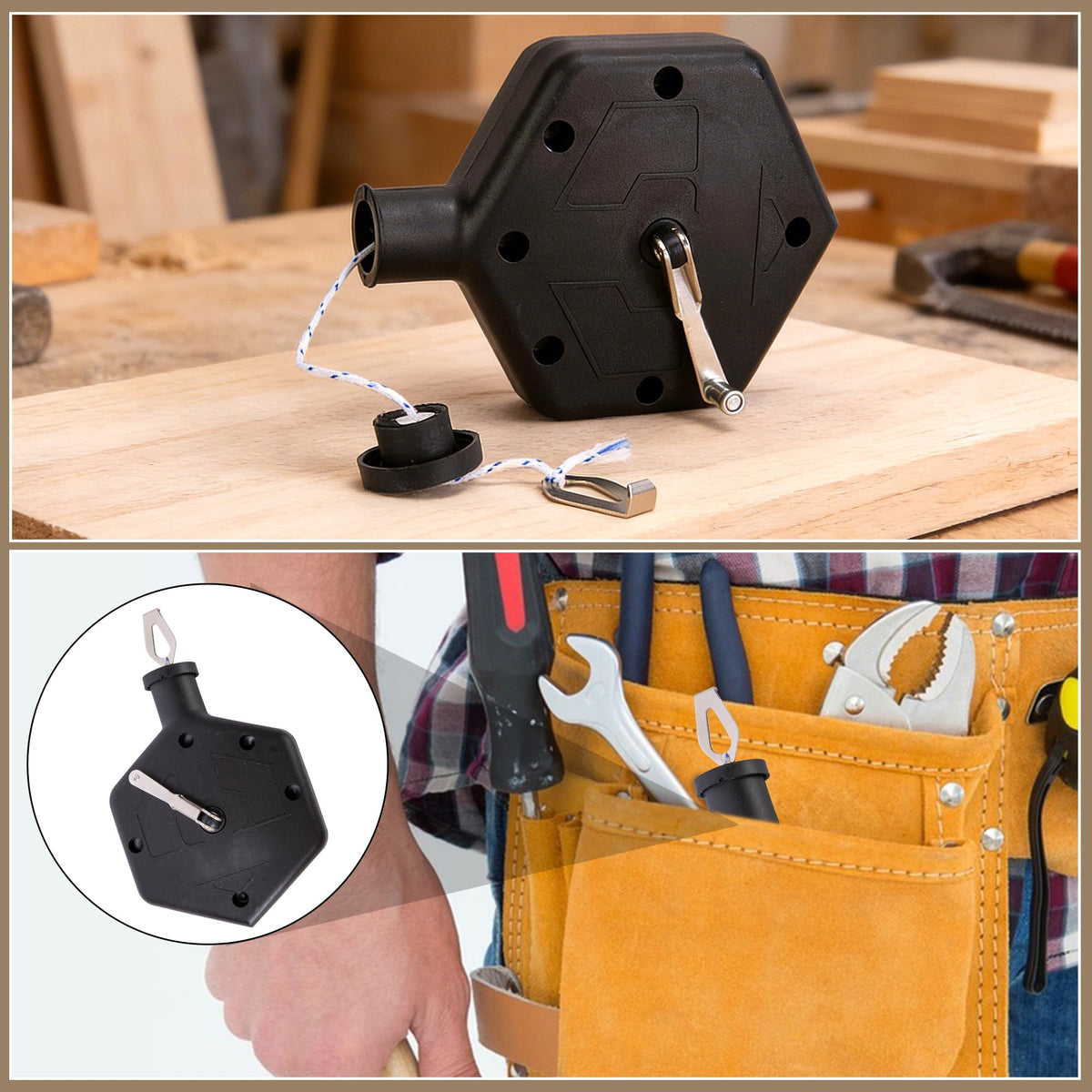 RUBII compact chalk line storage compartment keeps spare chalk handy.