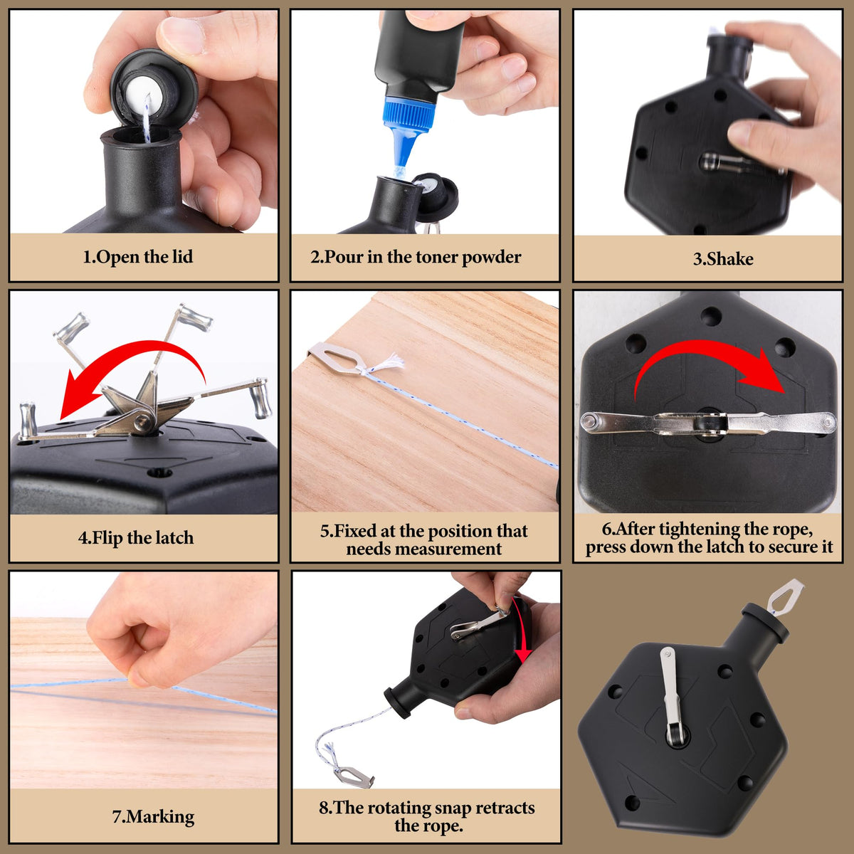 RUBII reel features hook and wind handle for efficient tensioning.