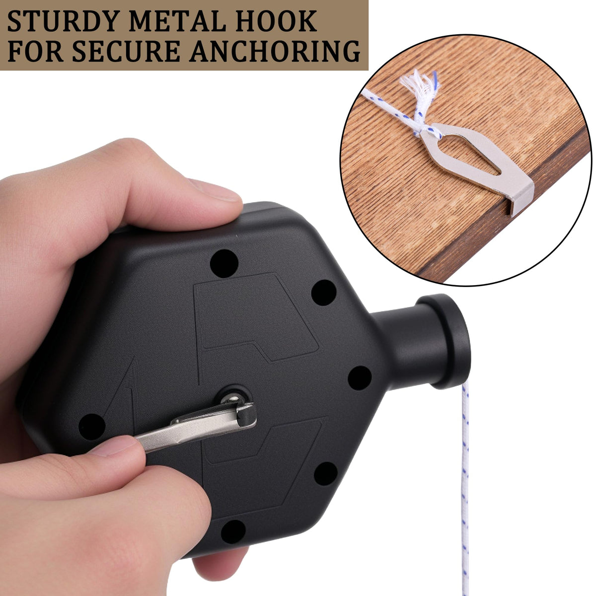 RUBII chalk line reel with carabiner for quick attachment.