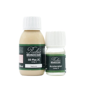 Rubio Monocoat Natural Oil Plus 2C bottle closeup for easy indoor wood care