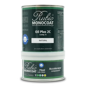 Rubio Monocoat Oil Plus 2C natural bottle ready for indoor wood finishing.