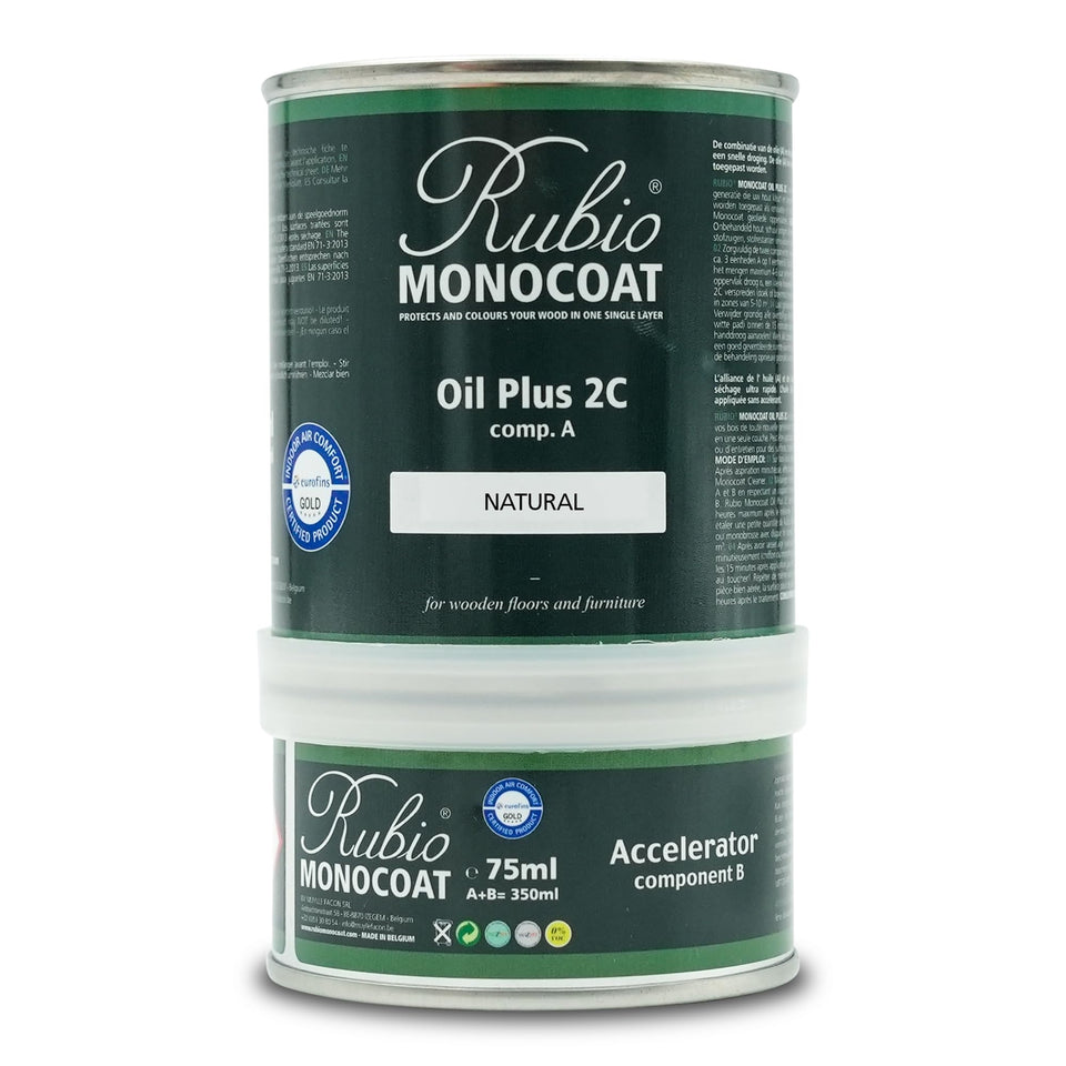 Rubio Monocoat Oil Plus 2C natural bottle ready for indoor wood finishing.