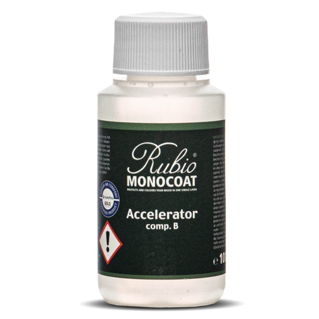 Rubio Monocoat Oil Plus Part B accelerator close-up highlighting fast-drying wood finish.