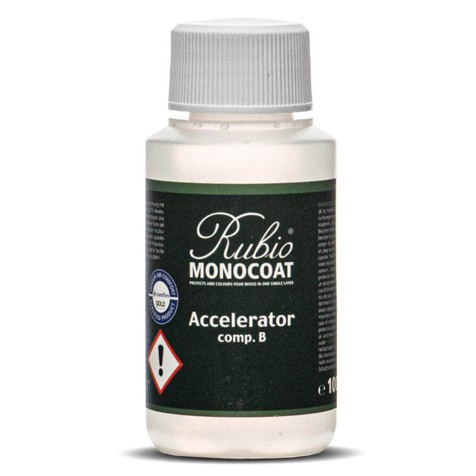 Rubio Monocoat Oil Plus Part B accelerator close-up highlighting fast-drying wood finish.