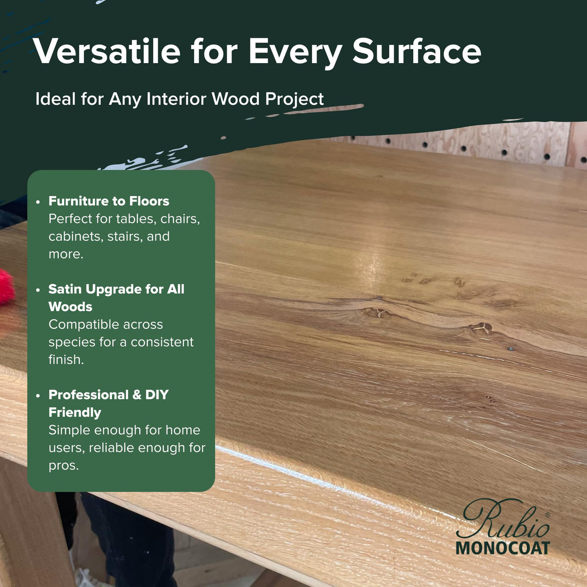0% VOC formula with toy safety certification for Rubio Monocoat SheenPlus interiors.