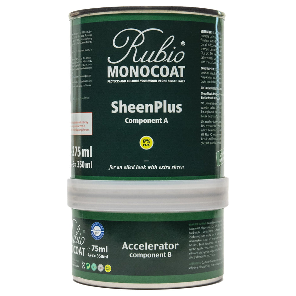 Rubio Monocoat SheenPlus bottle pour enabling quick satin finish on interior wood