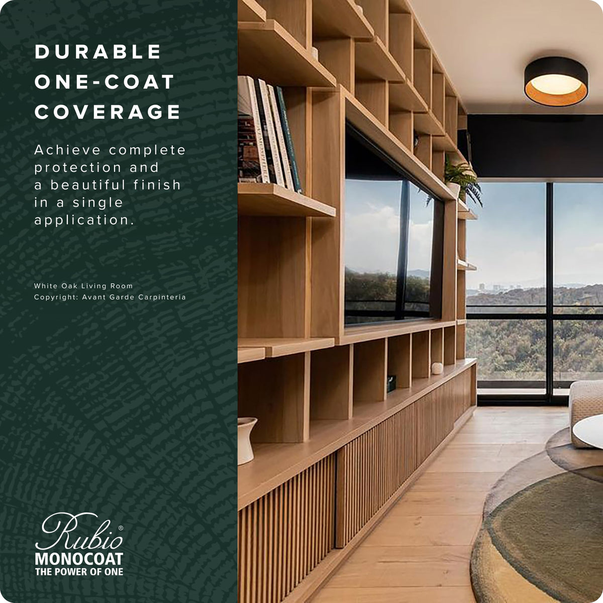 Rubio Monocoat wood floor shot emphasizing durable, single-layer protection
