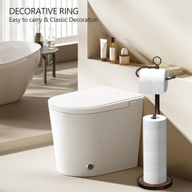 RUBOLTD freestanding toilet paper holder in matte-black stainless steel finish for modern appeal.