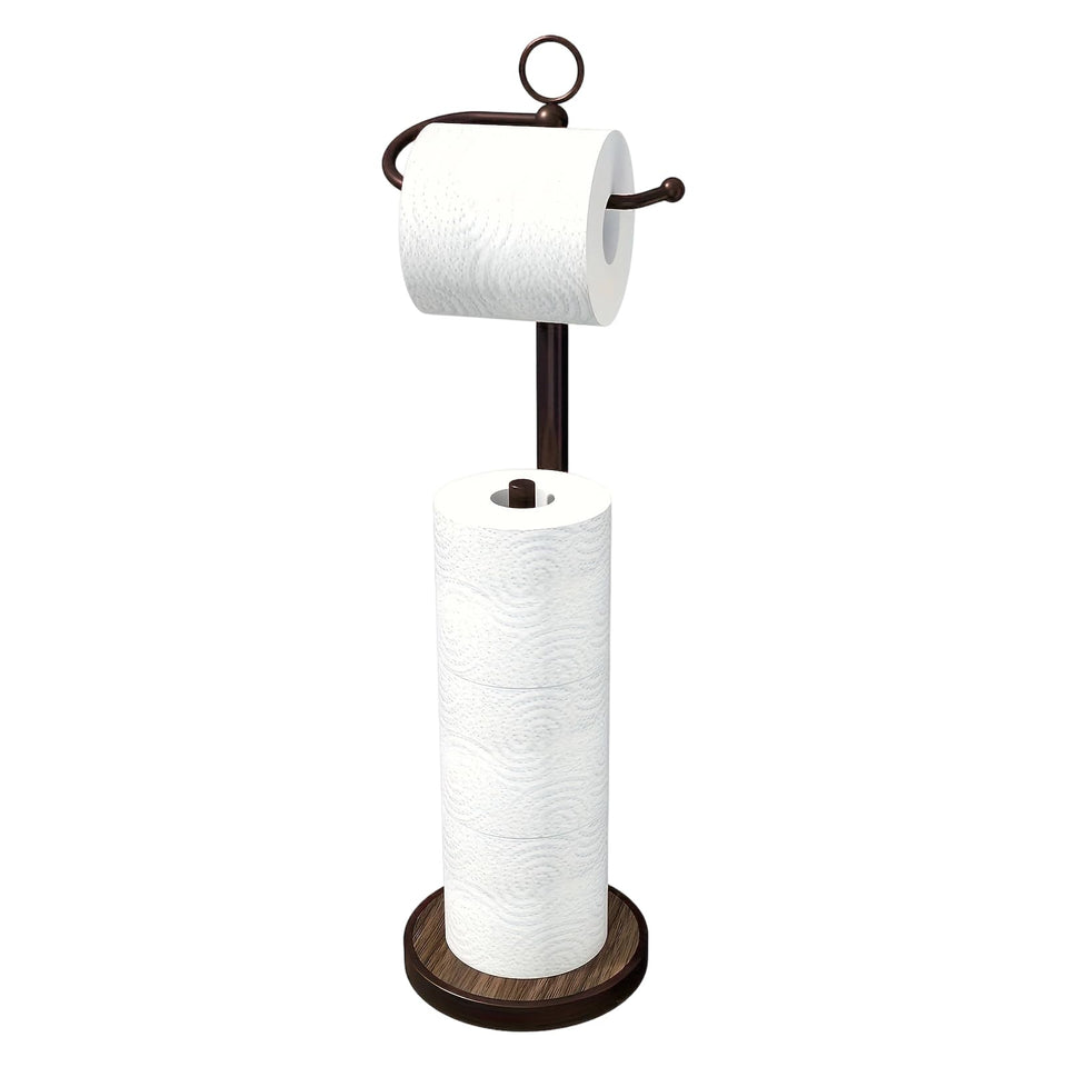 RUBOLTD freestanding toilet paper holder stand with wood-base provides sturdy, floor-safe storage.