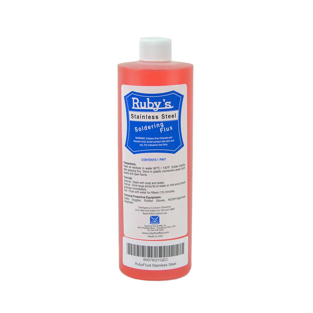 Rubyfluid stainless steel flux bottle enabling rapid wetting on tough metals.