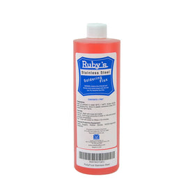 Rubyfluid stainless steel flux bottle enabling rapid wetting on tough metals.