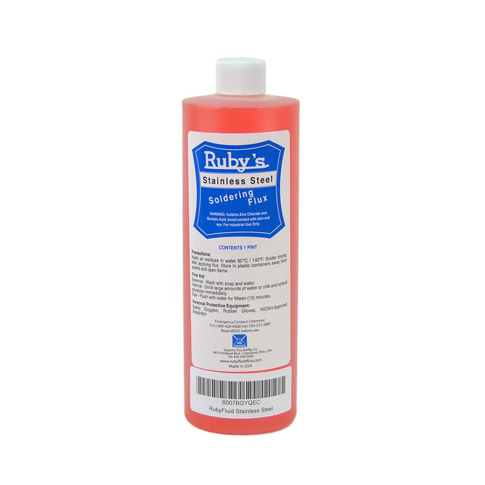 Rubyfluid stainless steel flux bottle enabling rapid wetting on tough metals.