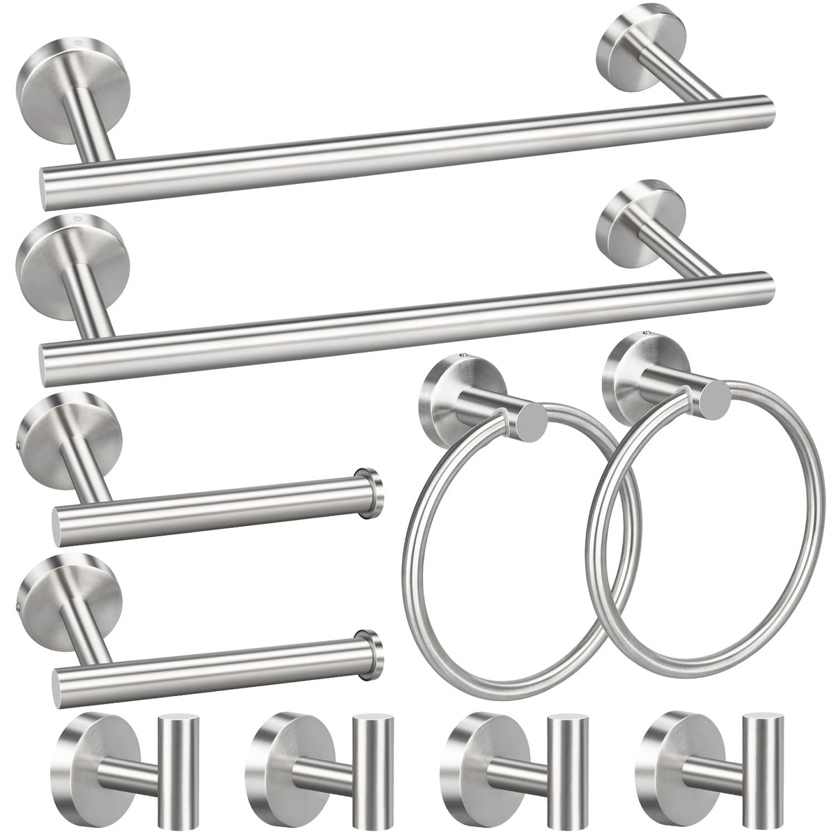 Ruby.Q 16-inch towel bar in brushed nickel for a tidy bath.