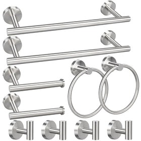 Ruby.Q 16-inch towel bar in brushed nickel for a tidy bath.