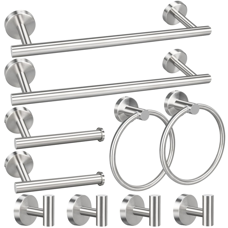 Ruby.Q 16-inch towel bar in brushed nickel for a tidy bath.