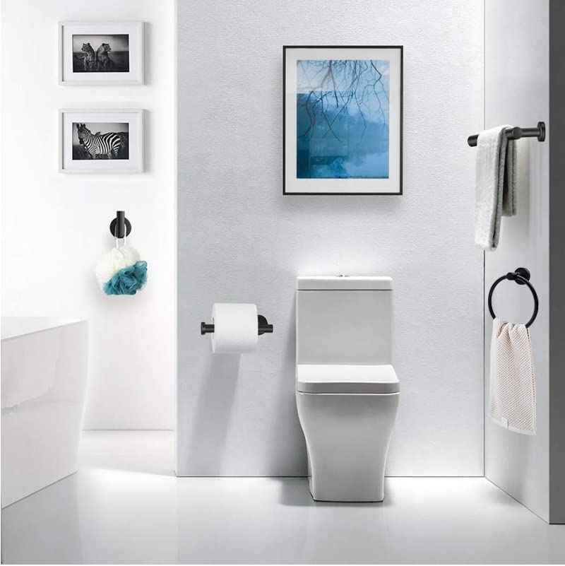 RubyQ matte black bathroom hardware set for easy organization.