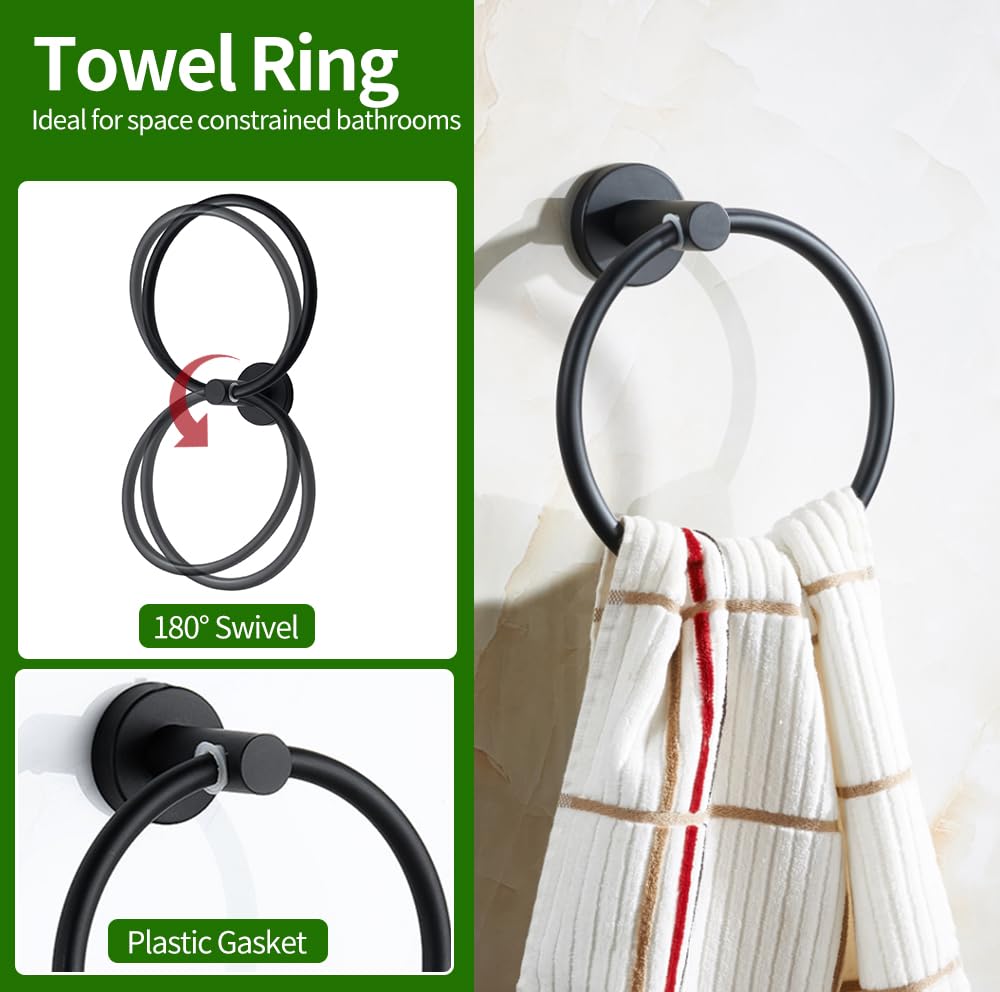 RubyQ matte black towel ring keeps towels within reach.